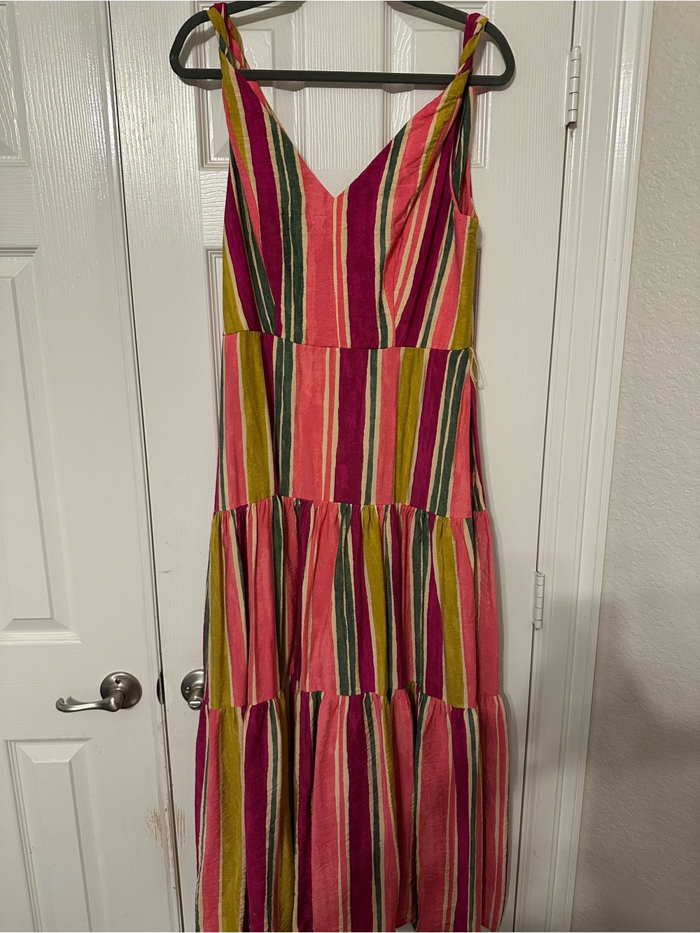 Striped Pink & Green Tiered V-Neck Maxi Dress